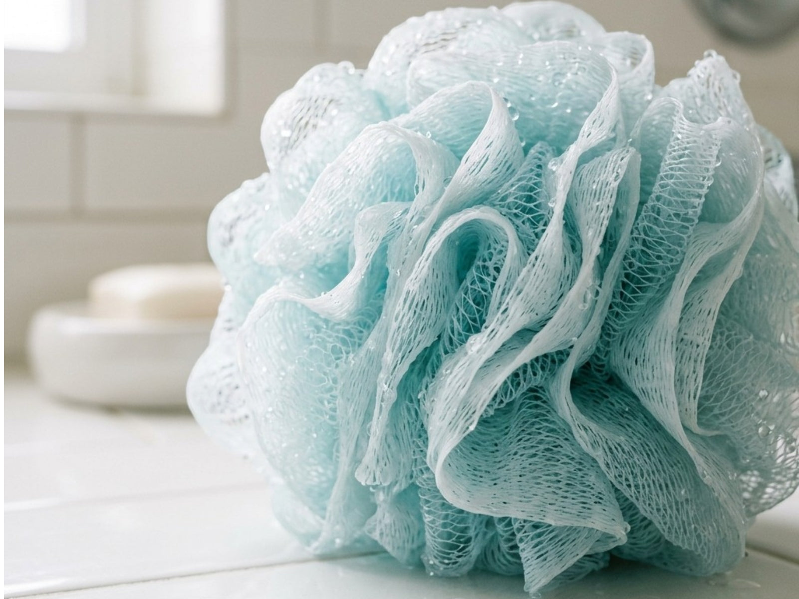 Soft mesh bath sponge material
